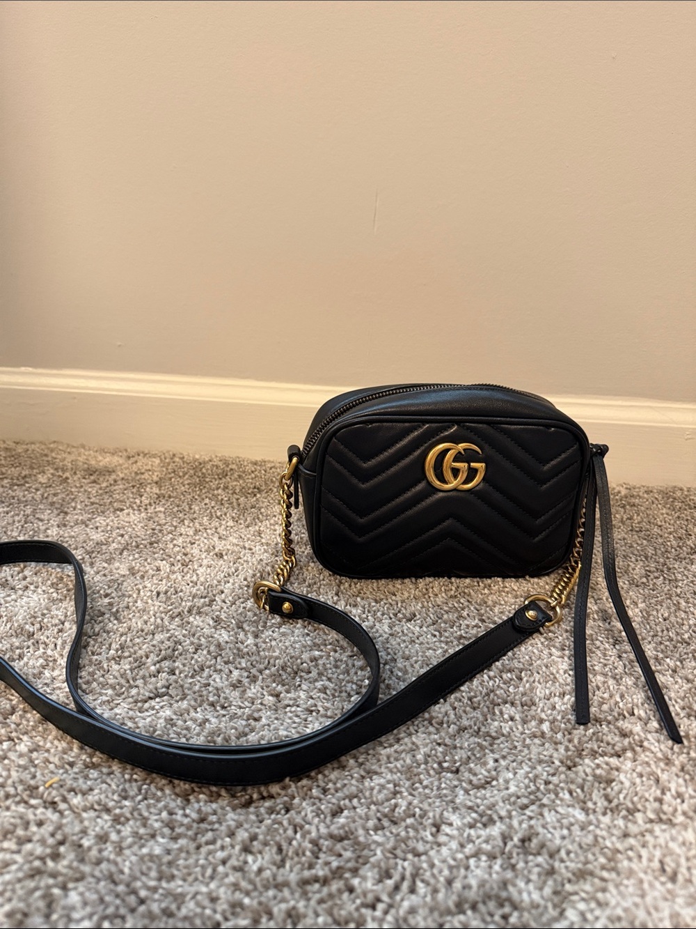 Gucci Black Matelassé Leather Crossbody with Gold GG